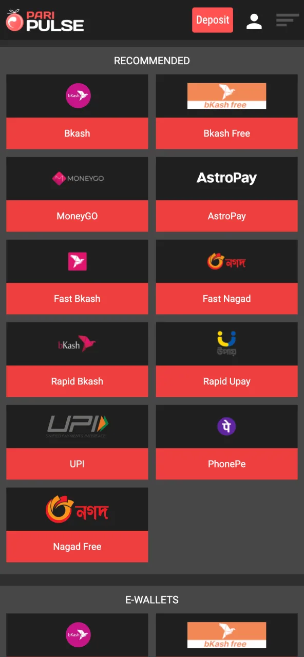 Cashier section on Paripulse with mobile wallet and crypto payment choices.